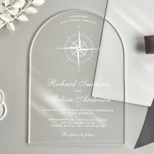 Invitations En Acrylique Compas Nautique Blanc Élégant Mariage