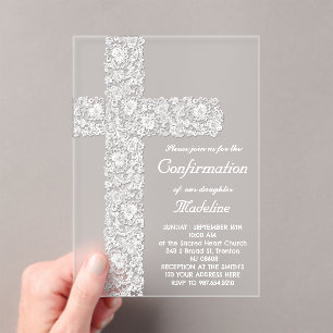 Invitations En Acrylique conception de la croix de dentelle   Confirmations