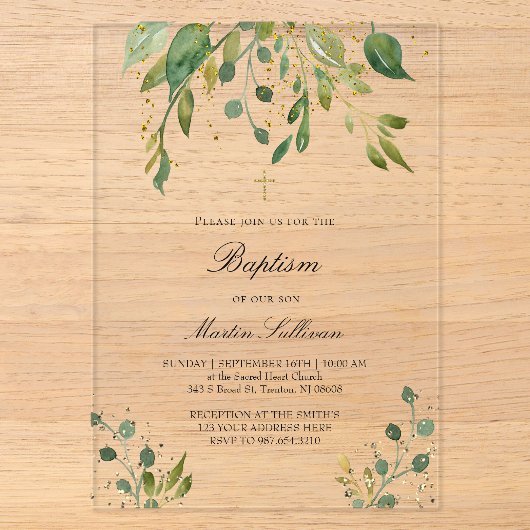 Invitations En Acrylique conception de verdure | Baptême (Recto)
