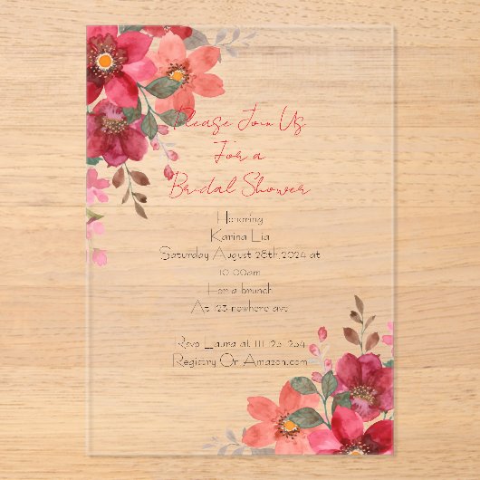 Invitations En Acrylique Conception florale rose de la douche nuptiale Invi (Recto)