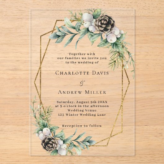 Invitations En Acrylique Cone pin verdure or géométrique clair mariage (Recto)