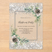 Invitations En Acrylique Cônes d'argent vert feuilles gelé Noël fête (Recto)