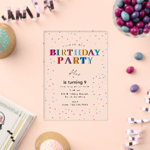 Invitations En Acrylique Confettis colorés pour fête d'anniversaire