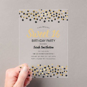 Invitations En Acrylique Confettis de Fête Dorés et Noirs Sweet 16
