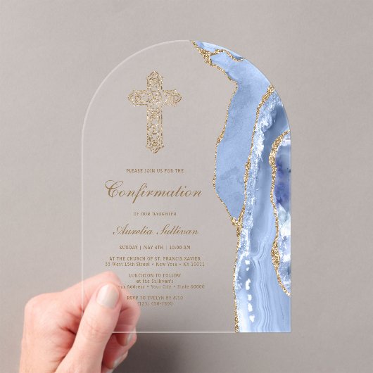 Invitations En Acrylique Confirmation Agate Bleu Barbeau (In situ (ordinateur de poche))