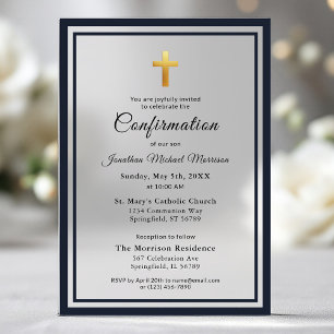 Invitations En Acrylique Confirmation Bleu Nuit Blanc Minimaliste Garçon