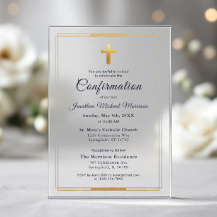 Invitations En Acrylique Confirmation Bleu Nuit Or Minimaliste Garçon