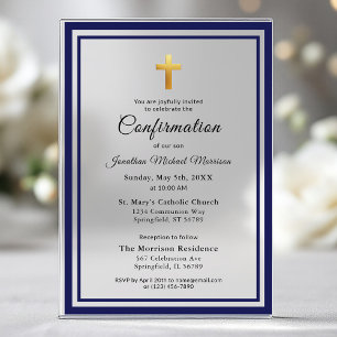 Invitations En Acrylique Confirmation Bleu Royal Blanc Minimaliste Garçon