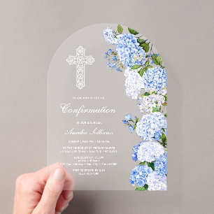 Invitations En Acrylique Confirmation d'arche de Hortensia Bleu Élégant