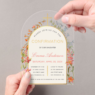 Invitations En Acrylique Confirmation de fille Or Arche Florale Aquarelle