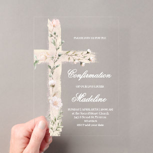 Invitations En Acrylique Confirmation de la Sainte Croix florale