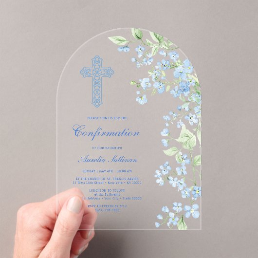 Invitations En Acrylique Confirmation de l'arc des fleurs d'aquarelle bleue (In situ (ordinateur de poche))