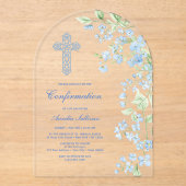 Invitations En Acrylique Confirmation de l'arc des fleurs d'aquarelle bleue (Recto)