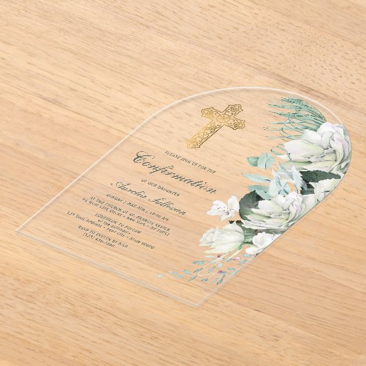Invitations En Acrylique Confirmation de l'arc vert des fleurs blanches (Poser)