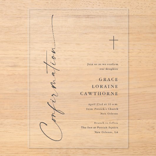 Invitations En Acrylique Confirmation de script élégant moderne (Recto)