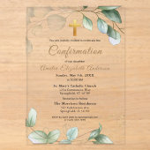 Invitations En Acrylique Confirmation Eucalyptus Verdure Fille d'Or (Recto)