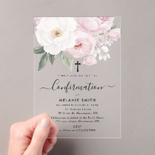 Invitations En Acrylique Confirmation fleurs roses et blanches aquarelle