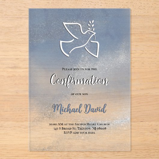 Invitations En Acrylique Confirmation gray blue marble (Recto)
