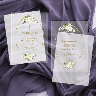 Invitations En Acrylique Confirmation Luxe Fleurs Blanches Or Garçon