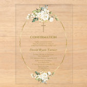 Invitations En Acrylique Confirmation Luxe Fleurs Blanches Or Garçon (Recto)