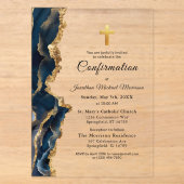 Invitations En Acrylique Confirmation Or en Agate Bleue (Recto)