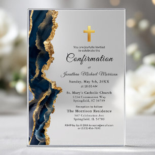 Invitations En Acrylique Confirmation Or en Agate Bleue