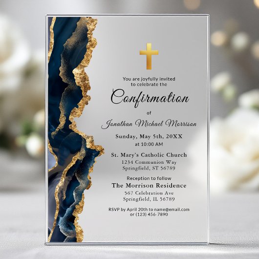 Invitations En Acrylique Confirmation Or en Agate Bleue