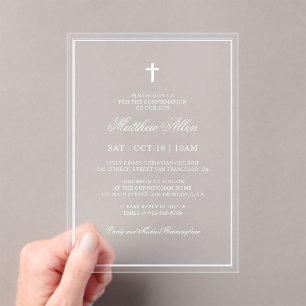 Invitations En Acrylique Confirmation Pour Lui   Croix classique élégante