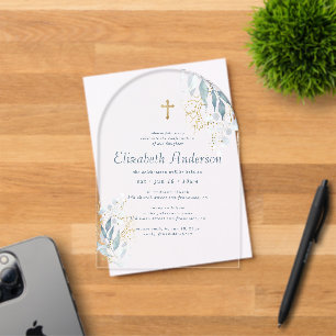Invitations En Acrylique Confirmation Pour Sa Moderne Feuille D'or Croix