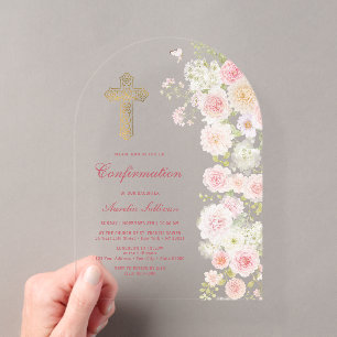 Invitations En Acrylique Confirmation sous une arche de fleurs roses et pêc