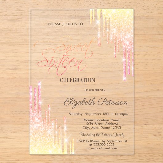 Invitations En Acrylique Cool Ombre Glitter Drips Rose Gold Sweet 16 (Recto)
