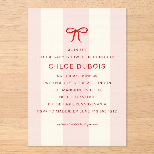 Invitations En Acrylique  Coquette Bow Blush Pink Striped Baby Shower  (Recto)