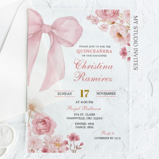 Invitations En Acrylique Coquette Bow rose florale Quinceanera