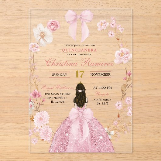 Invitations En Acrylique Coquette Bow rose Quinceanera fleurie princesse (Recto)