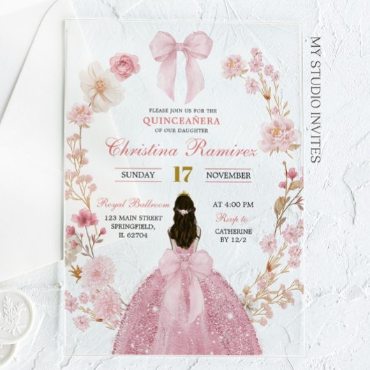 Invitations En Acrylique Coquette Bow rose Quinceanera fleurie princesse