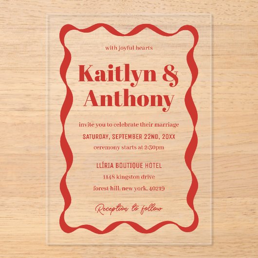 Invitations En Acrylique Coquette Curvy Ribbon Retro Mariage (Recto)