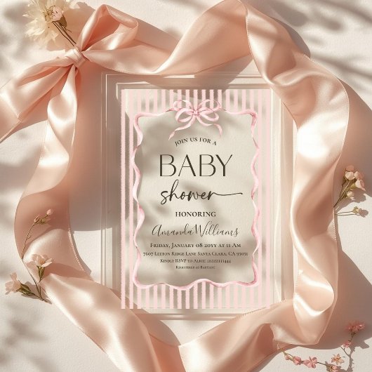 Invitations En Acrylique Coquette Pink Bow Stripe Girl Baby Shower