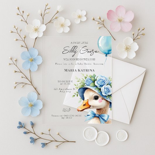 Invitations En Acrylique Coquette Silly Goose Blue Bow Boy Baby Shower