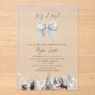 Invitations En Acrylique Coquette White Bow Baby shower botanique d'hiver