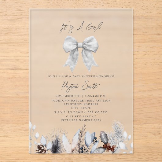 Invitations En Acrylique Coquette White Bow Baby shower botanique d'hiver (Recto)