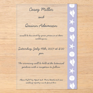 Invitations En Acrylique Coquillages d'été en lavande Acrylique Mariage