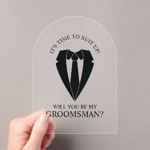 Invitations En Acrylique Costume Mariage noir et Cravate Groomsman Proposit