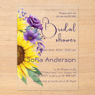 Invitations En Acrylique Couleur d'eau violet de tournesol jaune fleur sauv
