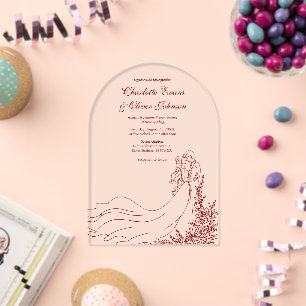 Invitations En Acrylique Couple Dessiné à la Main Rustique Mariage Bourgogn
