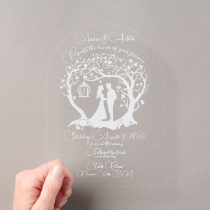 Invitations En Acrylique Couple élégant Mariage Arbre Cadre Blanc