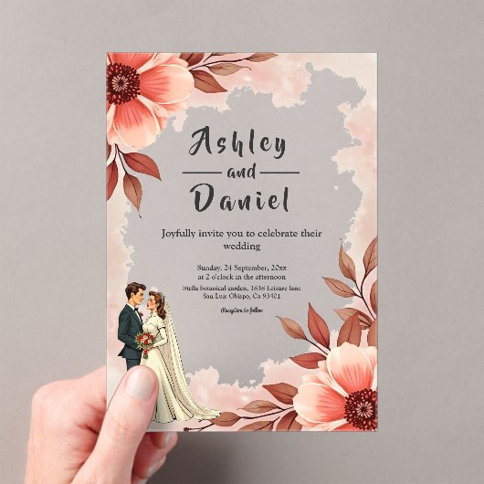 Invitations En Acrylique Couple romantique Dusty Aquarelle Mariage Floral (In situ (ordinateur de poche))