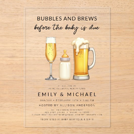 Invitations En Acrylique Couples Douche Bubbles & Brews avant que bébé soit (Recto)