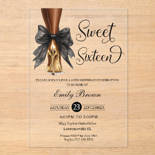 Invitations En Acrylique Couquette Ruban Noir Arc Mode Talons Douce 16