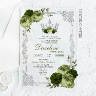 Invitations En Acrylique Couronne argentée élégante vert sauge Quinceanera