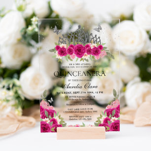 Invitations En Acrylique Couronne argentée florale rose Élégante Glam Quinc